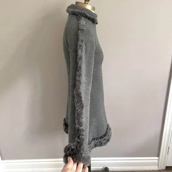 Frett Gray Wool Blend Fur Trimmed Turtleneck Tunic Sweater Mini Dress - S 🇨🇦 - Picture 5 of 13